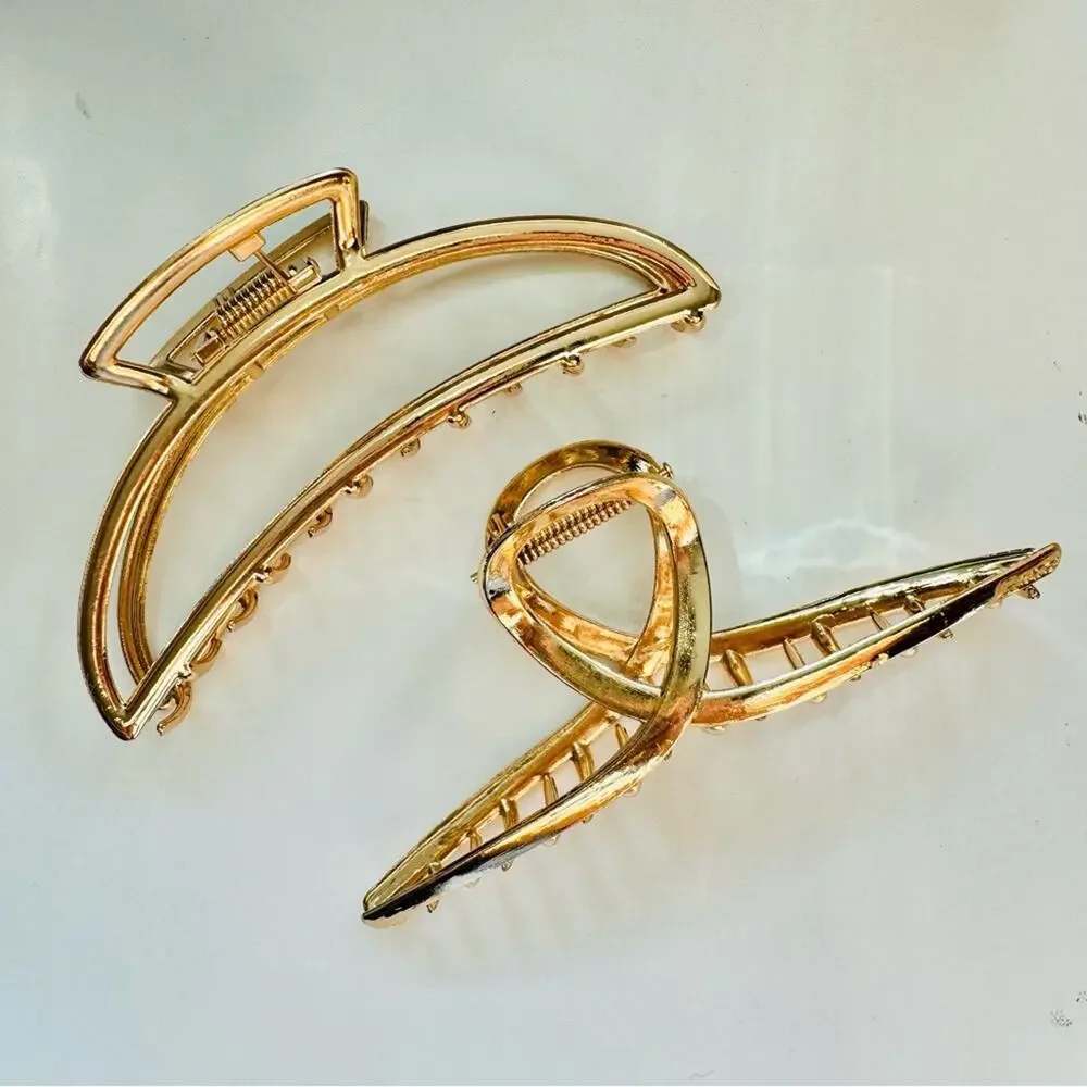 NEW ANTHROPOLOGIE Jumbo XL Crescent Moon Open Gold Metal Hair Claw Clip Set 2